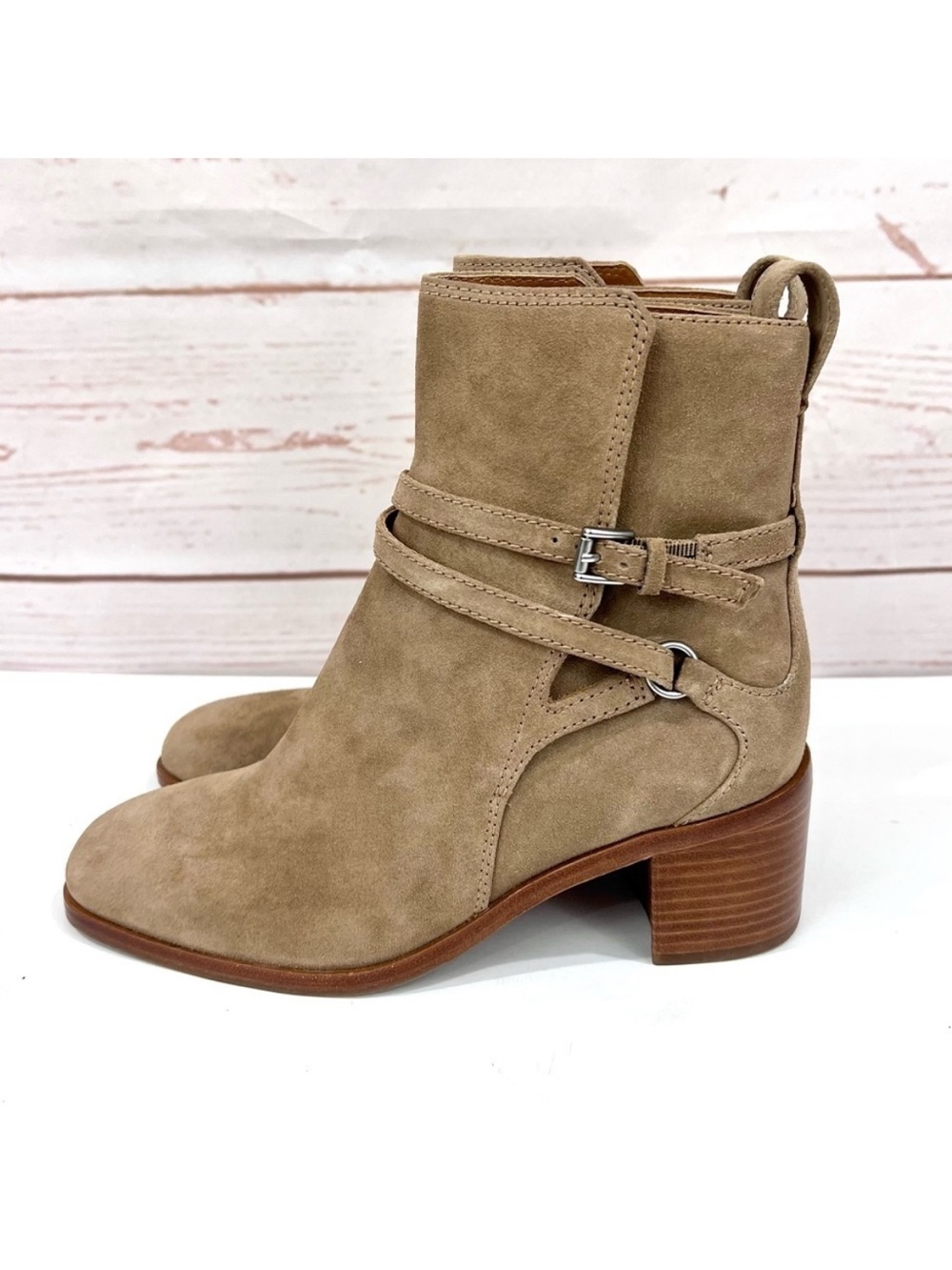 NEW Rag & Bone Hazel Strappy Buckle Tan Camel Leather Suede Ankle Booties